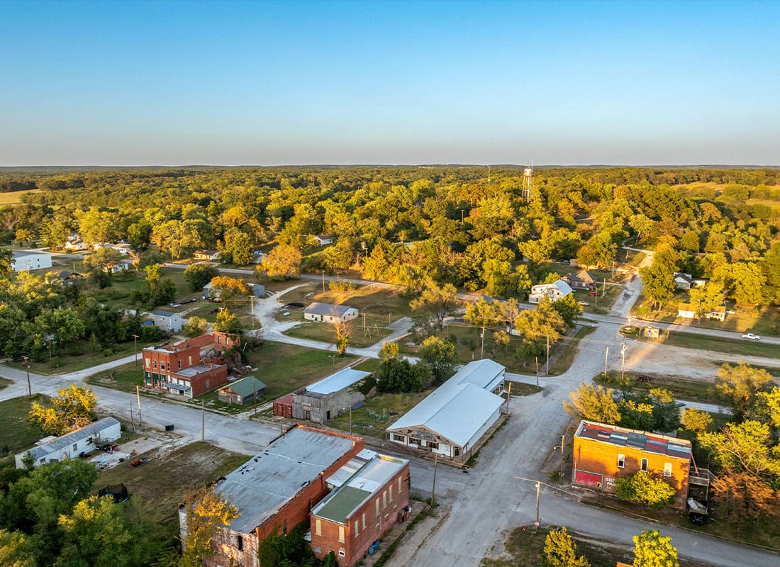 Chillicothe, MO - Aerial View of Downtown Fair Play Missouri With Water Tower in Background and Main Street in Foreground